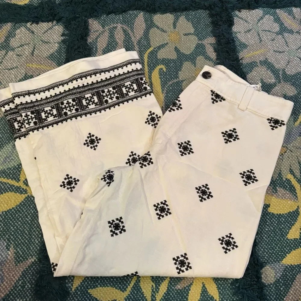 Zara embroidered linen white black wide leg high rise pant large